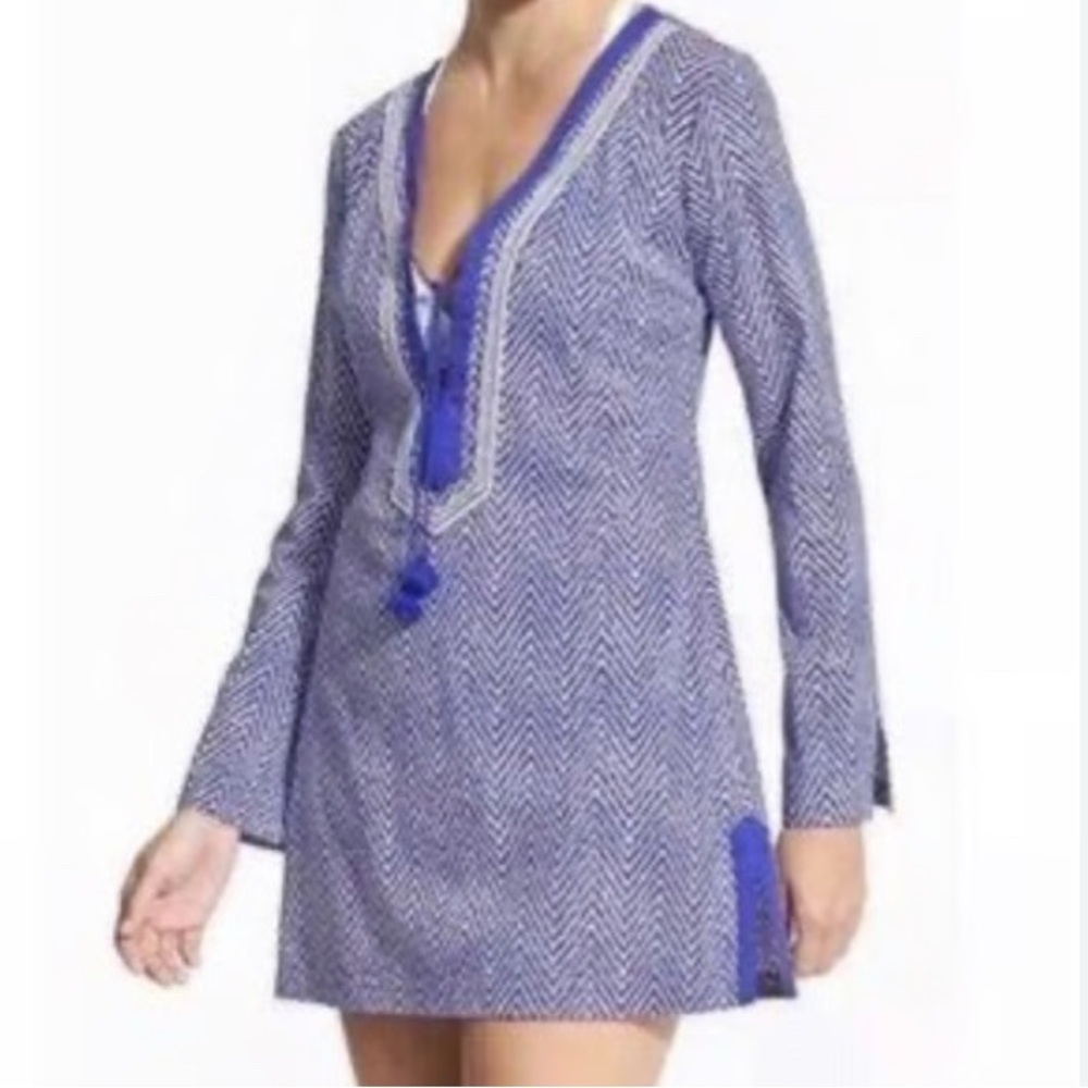 Athleta Blue and White Herringbone Swim Coverup
